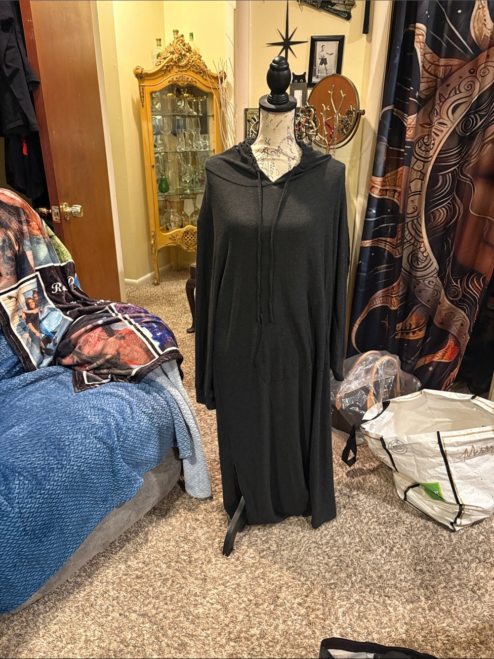Black Hooded Long Knit Cardigan